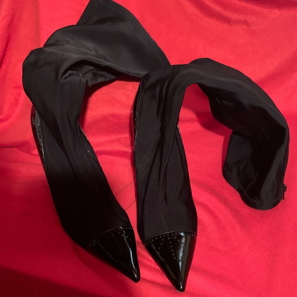Charles David Black Pointed Patent Toe Stretch Sock Boots